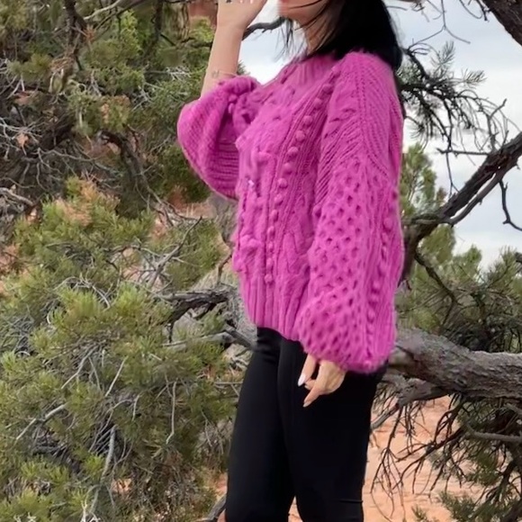 Eleven Six Sweaters - Textured Cable & Bobble Knit Sweater - Hot Pink
